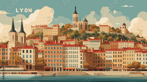 vector illustration, Cityscape of Lyon in France, attractive touristic advertisement poster, beautiful touristic must-see destination. Beautiful tourist destination, in western europe.  Travel destina