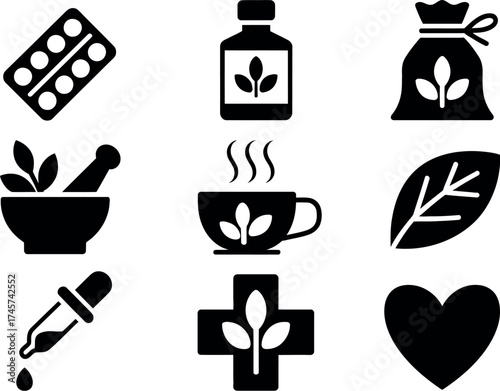 Vector art of black and white alternative medicine icon set with pills, bottle, bag, mortar, cup, leaf, dropper, cross