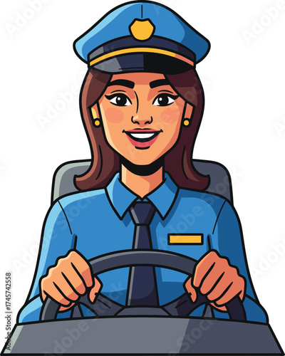Police officer illustration, cartoon character, driving car, steering wheel, blue uniform, badge hat, public safety, vector clipart, law enforcement, patrol scene