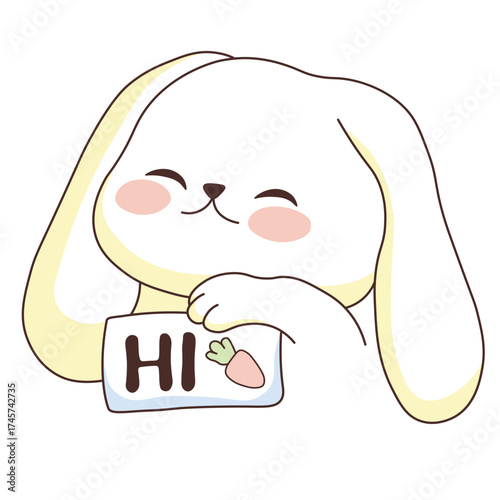 Cute rabbit bunny  with hi text. Greeting. Easter. Rodent animal character cartoon. Kawaii. Vector.  Sticker.  Kid graphic. Illustration. 