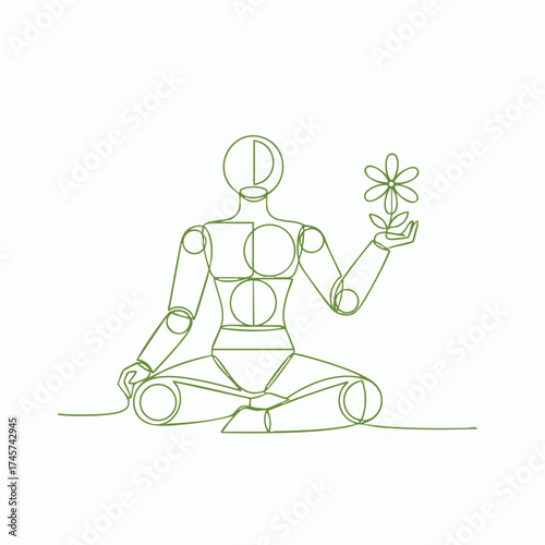 Minimalist line art of a seated humanoid figure in a cross-legged position holding a blooming flower in one hand