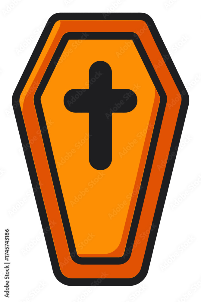 Fototapeta premium A vivid orange cartoon coffin featuring a bold black cross, perfect for Halloween, spooky events, gothic themes, and death-related digital art. This minimalist yet impactful icon offers versatile desi