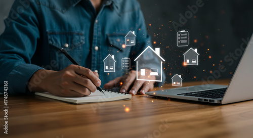 Person meticulously planning future home investments and real estate ventures, leveraging digital insights and strategic property management tools for optimal growth