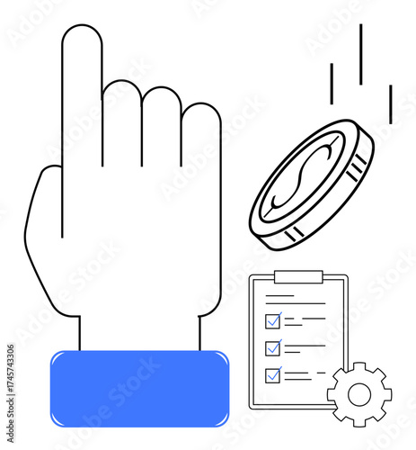 Hand pointing upward, coin flipping, checklist with ticks, and gear symbolizing decision-making, prioritization, task management, efficiency, financial planning strategy success. Represents