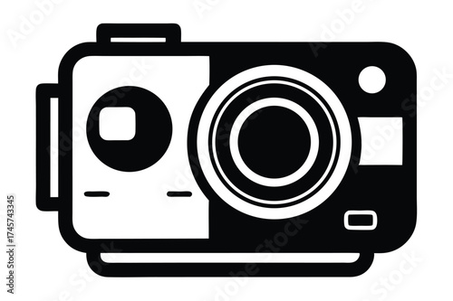 Black and White Illustration of an Action Camera with a Lens and Button