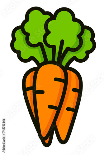 Vibrant, stylized cartoon illustration of fresh orange carrots with lush green tops. This graphic highlights healthy organic vegetables, nutritious produce for cooking, vegetarian diets, sustainable l
