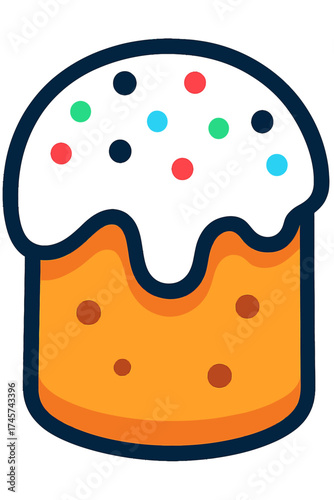 Vibrantly Illuminated Easter Kulich Icon: A Digital Illustration of Traditional Sweet Bread Adorned with Glowing Sprinkles, Rich Dark Glaze, and Warm Orange Dough, Ideal for Festive Holiday Graphics a