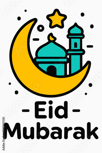 Festive Eid Mubarak icon: Golden crescent moon, star, and teal mosque with dome/minaret. Celebrates Islamic holidays, Ramadan. Perfect for digital greetings, web, social media, and print designs, symb