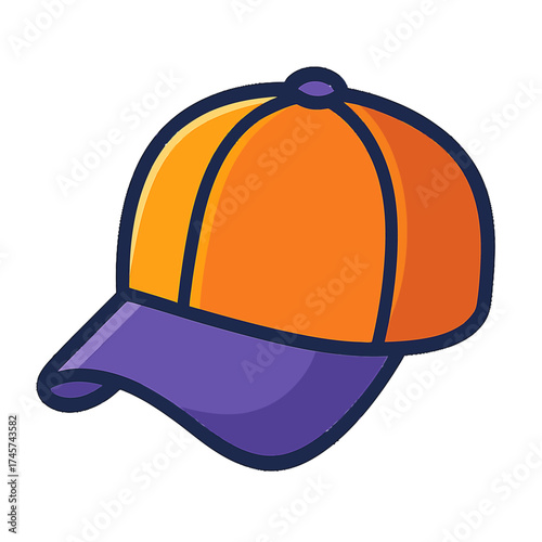 Vibrant cartoon baseball cap with a bold orange crown and a striking purple brim. Perfect for digital assets, fashion apparel, sports branding, modern web design, and eye-catching app icons, offering