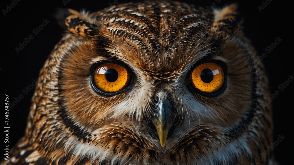 Obraz premium Close-up of owl with orange eyes against black background