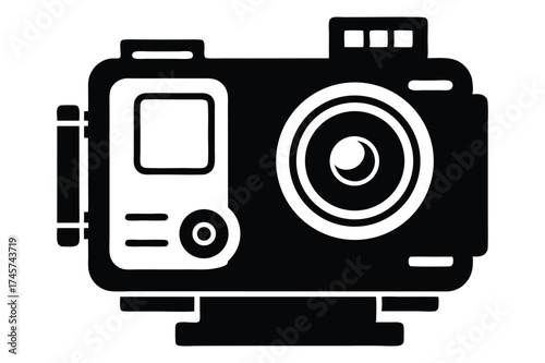 Black and White Silhouette of Action Camera with Lens and Protective Case