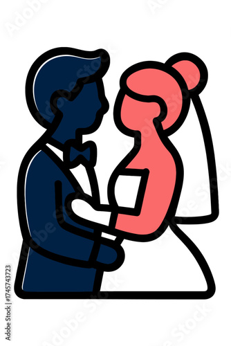 Stylized wedding couple vector art: groom in blue suit and bow tie, bride in pink dress and veil, holding hands on dark background. A sweet icon of love, marriage, commitment, union, and partnership f