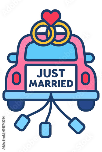 Vibrant 'Just Married' themed pink wedding car illustration, adorned with intertwined golden rings and a heart, symbolizing eternal love and celebration for newlywed couples. This charming graphic is