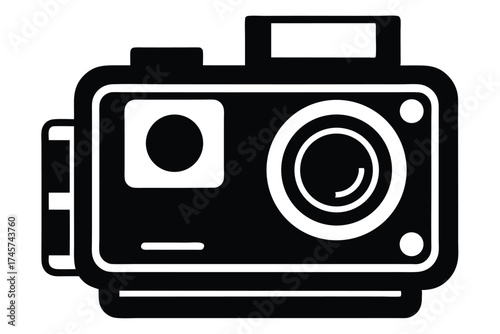 Black and White Icon Illustration of an Action Camera with Visible Lens