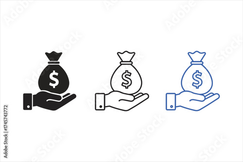 Hand holding money bag icon set financial symbol for wealth and investment concept