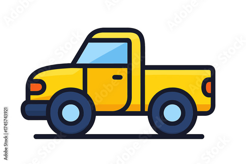 Vibrant yellow cartoon pickup truck illustration, a modern flat design vector icon with dark blue wheels, light blue windows. Simple, eye-catching graphic for transportation, automotive, utility, idea