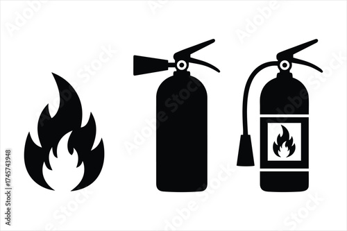 Fire safety icons set showing flame and two different fire extinguishers