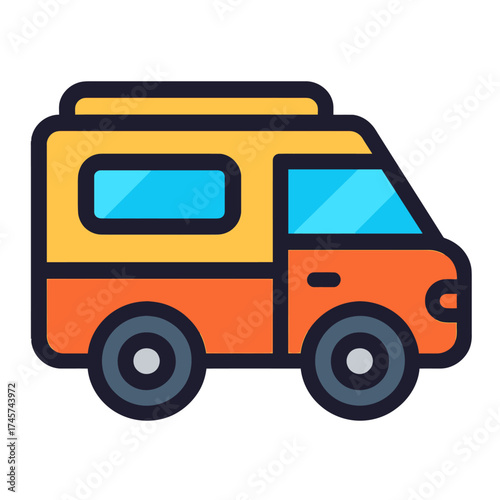 Detailed cartoon vector icon of a stylish recreational vehicle (RV) or motorhome, featuring a bold orange body with a contrasting yellow top and bright blue windows. This cheerful graphic embodies adv