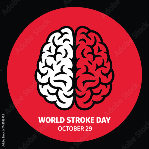 Vector art of stylized brain halves, one white and one red, on a red circle for world stroke day on october 29