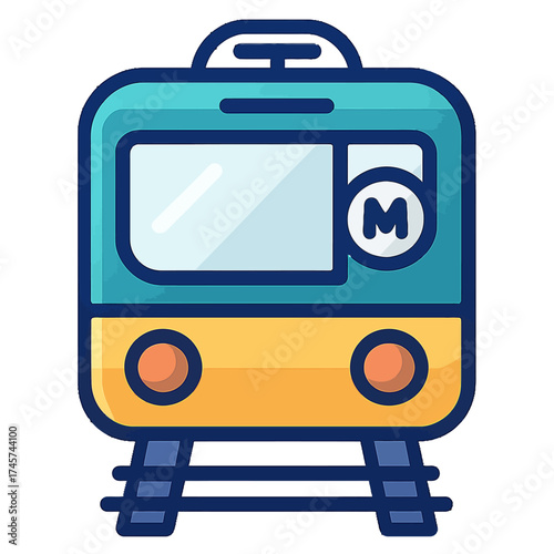 Vibrant flat design icon of a modern metro train, showcasing a stylish teal and yellow locomotive with a prominent 'M' logo, ideal for public transit applications, travel apps, and urban mobility proj