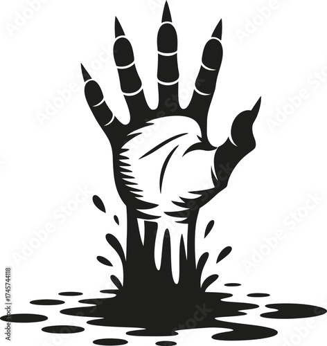 Creepy emerging hand graphic with splatter effect on transparent background silhouette