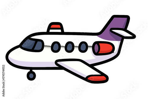 Cartoon private jet with white body, purple tail, red accents, black outlines, blue windows, dark gray background. Modern, flat vector illustration for aviation, luxury travel, speed, transport, icons
