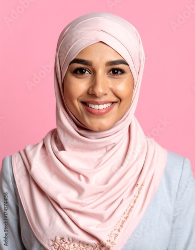 Portrait of a Smiling Woman Wearing a Pink Hijab