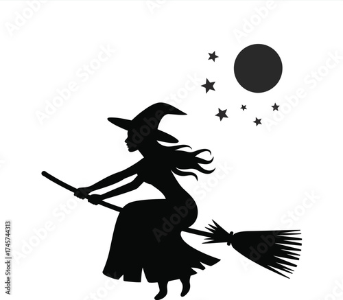 A spooky witch flying on a broom under the moonlight on transparent background silhouette