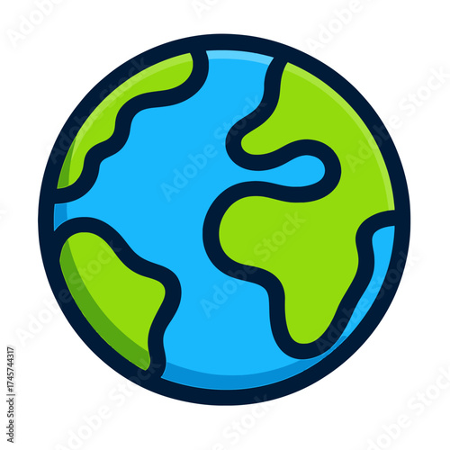 Explore this vivid, stylized vector icon of planet Earth, featuring prominent green landmasses and expansive blue oceans, set against a dark, cosmic backdrop. This captivating globe graphic is ideal f