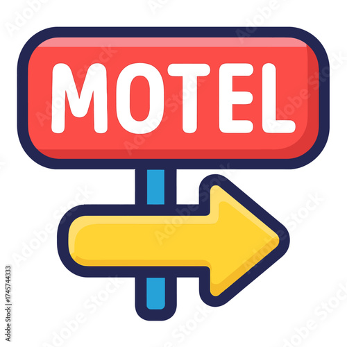 Vibrant motel sign illustration: bold white 'MOTEL' text on a red panel, with bright yellow right-pointing arrow. This roadside accommodation icon guides travelers to lodging, perfect for navigation,