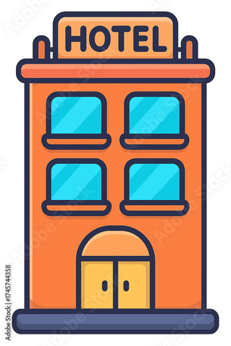 A modern flat design vector icon depicting a vibrant orange hotel building with four bright blue windows, yellow double doors, and a prominent 'HOTEL' sign on its roof, ideal for travel, tourism, and