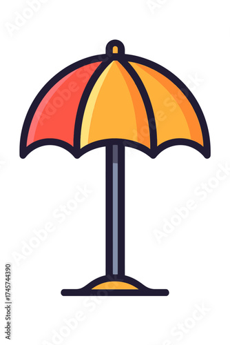 Stylish sunshade parasol icon, featuring a bright orange and red canopy on a sturdy dark pole, presented in a clean, flat, cartoon vector style. Ideal for summer graphics, travel promotions, and pools