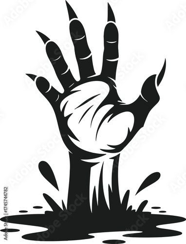 Dramatic black hand reaching up eerie design on transparent background silhouette