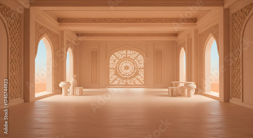 Classic ceremonial hall filled with warm golden light and detailed wall carvings. The elegant arches and symmetry evoke a timeless royal ambience, suitable for historical, architectural, and cinematic