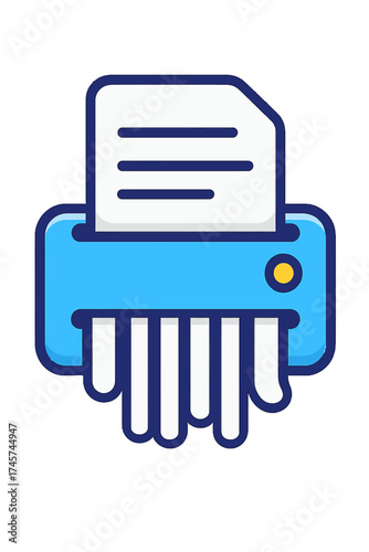Iconic flat design illustration of a vibrant blue paper shredder actively destroying a sensitive document, symbolizing data security, privacy protection, and document disposal processes. Perfect for d