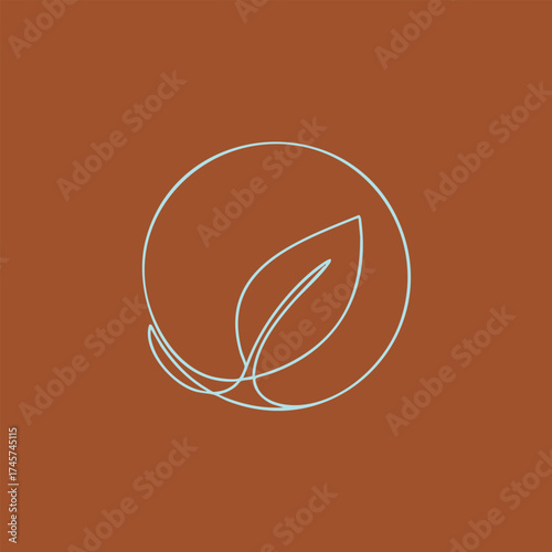 Minimalist line art of a single leaf enclosed within a circle on a warm brown emphasizing simplicity and nature-inspired design
