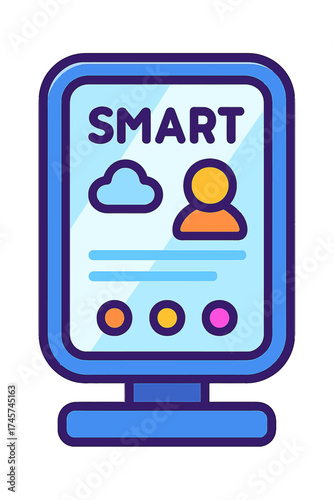 Vibrant smart display monitor with 'SMART' text, cloud service icon, user profile, and interactive controls, representing modern digital interfaces, IoT connectivity, data visualization, and personali