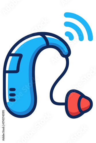Illustration of a modern blue digital hearing aid with an orange ear tip, emitting wireless signals against a dark, minimalist background. This icon signifies advanced auditory technology, providing e