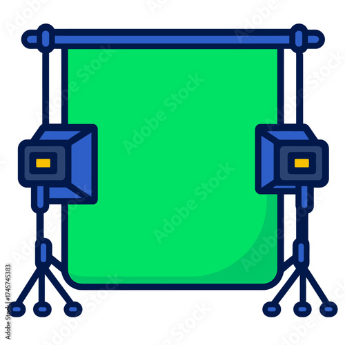 Green screen studio setup with two softbox lights, ideal for chroma key, video production, photography, film making, and virtual backgrounds. A versatile illustration for graphic design and content cr