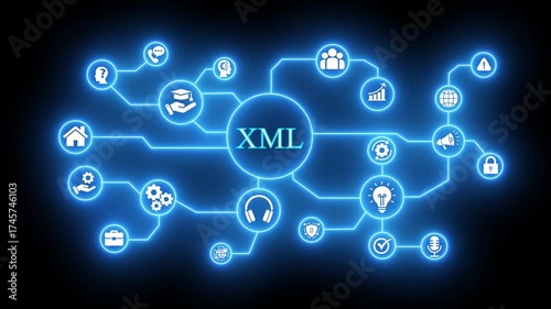 XML Data Structure Network Connections and Icons on Black Background Keywords: XML, data, structure, network, connection, technology, information, management, system, diagram, flowchart, icons