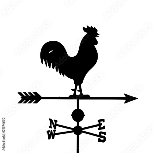 Weather vane rooster silhouette with directional arrow and compass  