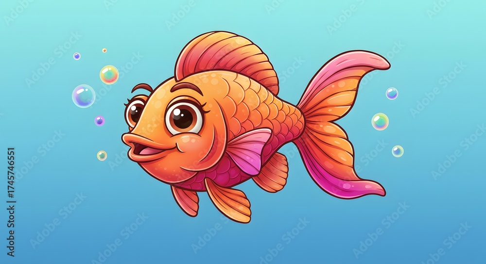 Fototapeta premium Cartoon Goldfish with Bubbles