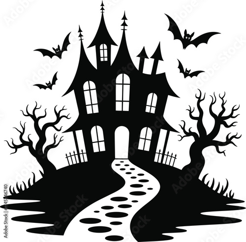 Spooky haunted house with bats and trees on transparent background silhouette