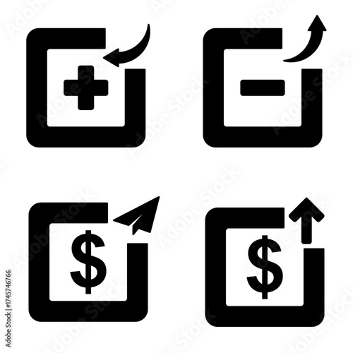 Versatile collection of financial operation icons for business and banking applications, featuring symbols for increasing and decreasing funds, facilitating money transfers, and illustrating monetary 