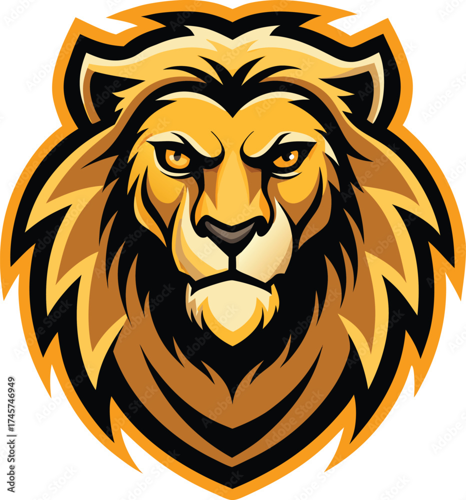 Naklejka premium Aggressive Lion Head Mascot Logo with Golden Mane emblem