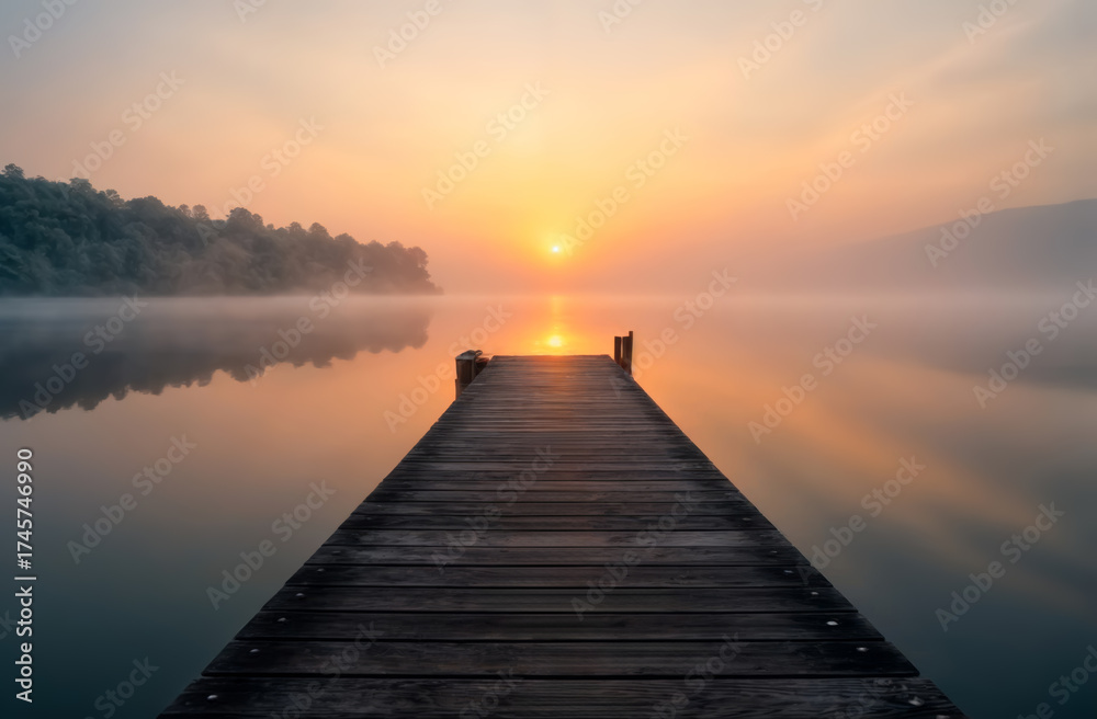 Fototapeta premium Sunrise over calm lake seen from wooden dock with misty hills in the background