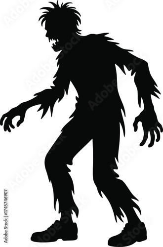 A black silhouette of a monster with wild hair on transparent background