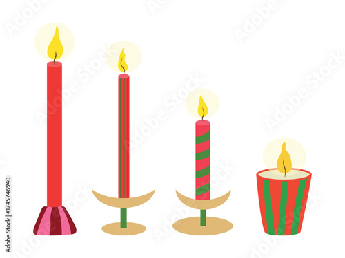 Christmas candle vector illustration set. Striped jar candle, red burning taper candles in candlesticks isolated on white background. Seasonal cozy home decor for New year, xmas celebration, winter