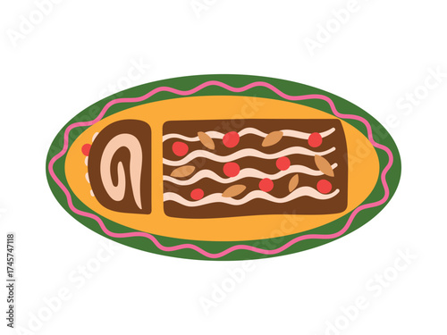 Christmas yule log dessert vector illustration. Chocolate Swiss roll cake with icing on bright oval holiday plate isolated on white background. Traditional festive cake for winter celebration