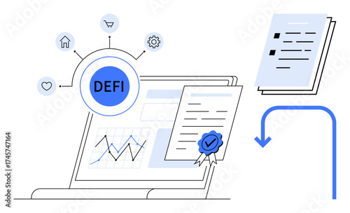 Laptop screen displaying chart, certified contracts, decentralized finance hub, and usage icons. Ideal for fintech, blockchain, digital economy, investment, crypto innovation simple flat metaphor